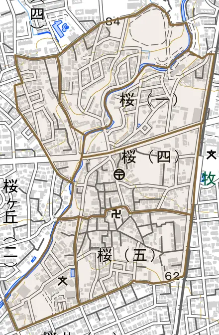 桜とその周辺の地図。町の範囲を重ねている