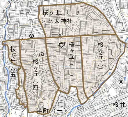 桜ケ丘とその周辺の地図。町の範囲を重ねている