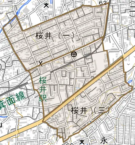 桜井とその周辺の地図。町の範囲を重ねている