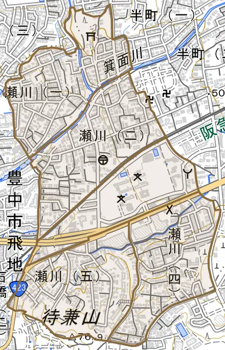 瀬川とその周辺の地図。町の範囲を重ねている