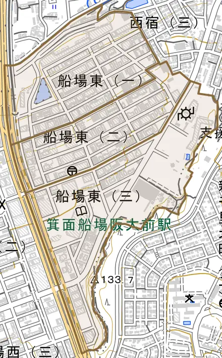 船場東とその周辺の地図。町の範囲を重ねている