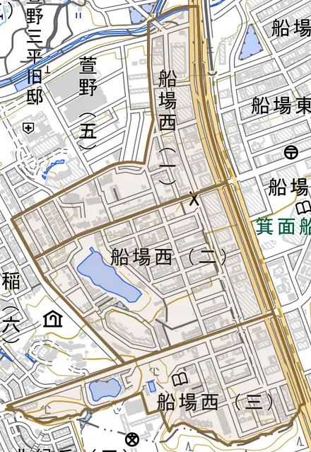 船場西とその周辺の地図。町の範囲を重ねている