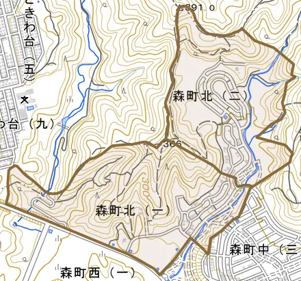 森町北とその周辺の地図。町の範囲を重ねている