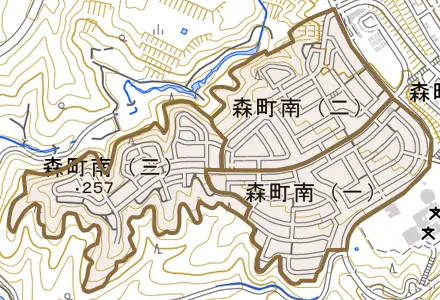 森町南とその周辺の地図。町の範囲を重ねている