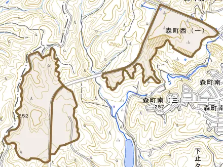 森町西とその周辺の地図。町の範囲を重ねている