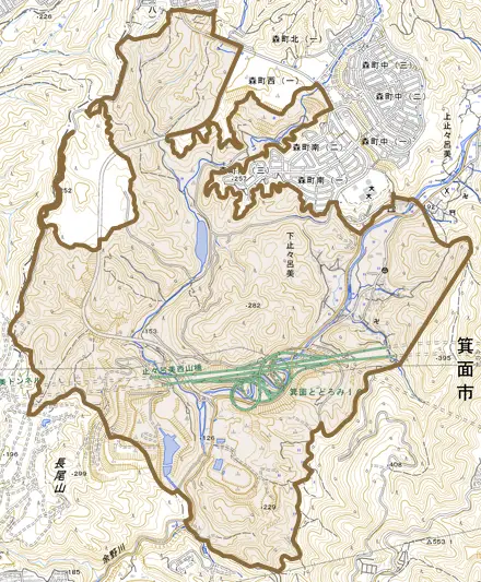 下止々呂美とその周辺の地図。町の範囲を重ねている