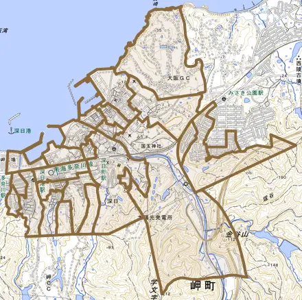 深日とその周辺の地図。町の範囲を重ねている