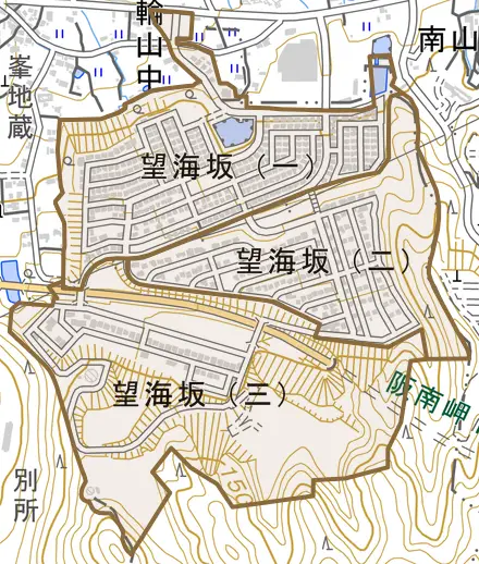 望海坂とその周辺の地図。町の範囲を重ねている