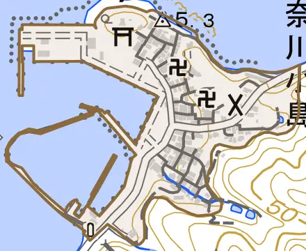 多奈川小島とその周辺の地図。町の範囲を重ねている