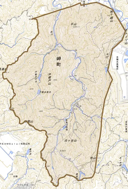 多奈川西畑とその周辺の地図。町の範囲を重ねている