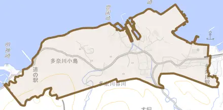 多奈川谷川とその周辺の地図。町の範囲を重ねている