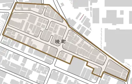 暁町とその周辺の地図。町の範囲を重ねている