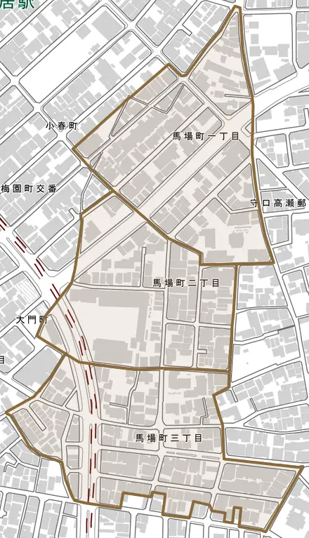 馬場町とその周辺の地図。町の範囲を重ねている