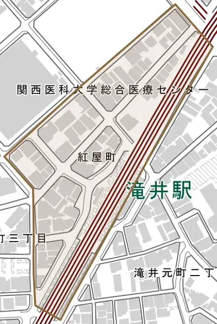 紅屋町とその周辺の地図。町の範囲を重ねている