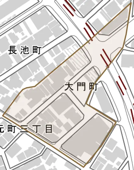 大門町とその周辺の地図。町の範囲を重ねている