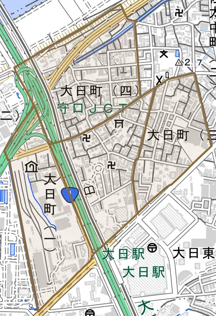 大日町とその周辺の地図。町の範囲を重ねている