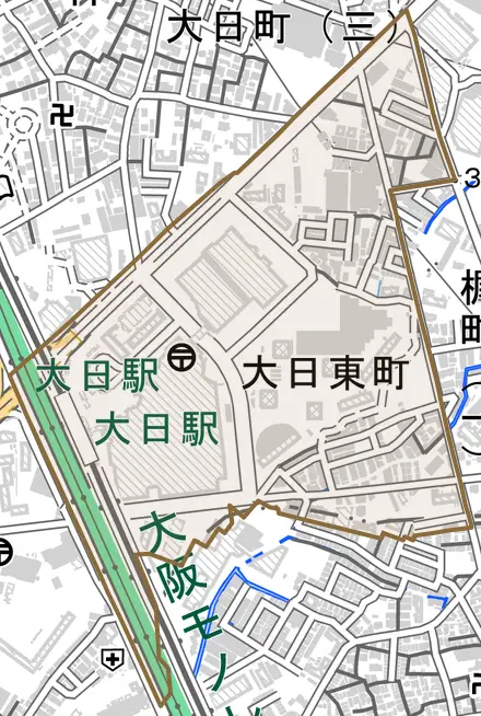 大日東町とその周辺の地図。町の範囲を重ねている