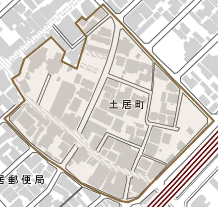 土居町とその周辺の地図。町の範囲を重ねている