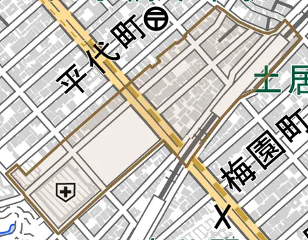 文園町とその周辺の地図。町の範囲を重ねている