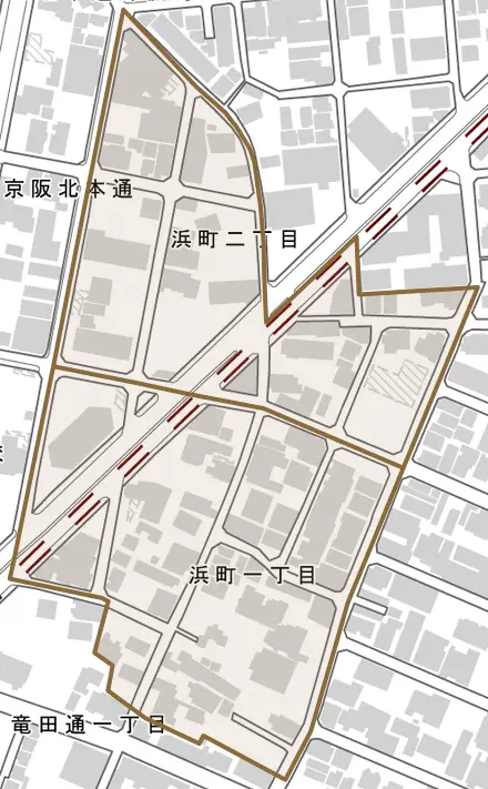 浜町とその周辺の地図。町の範囲を重ねている