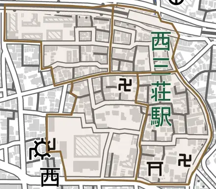 橋波東之町とその周辺の地図。町の範囲を重ねている