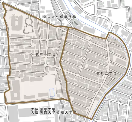 東町とその周辺の地図。町の範囲を重ねている