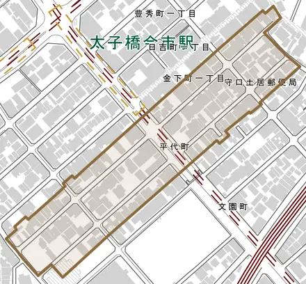 平代町とその周辺の地図。町の範囲を重ねている