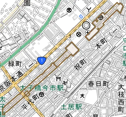 日吉町とその周辺の地図。町の範囲を重ねている