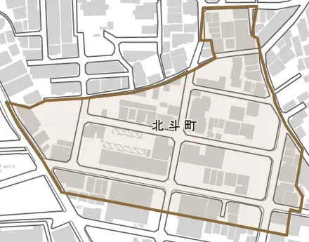 北斗町とその周辺の地図。町の範囲を重ねている