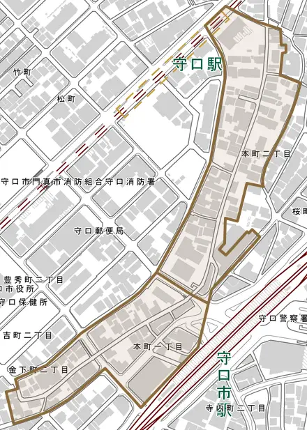 本町とその周辺の地図。町の範囲を重ねている