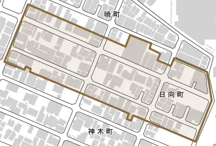 日向町とその周辺の地図。町の範囲を重ねている