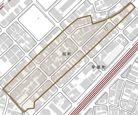 祝町とその周辺の地図。町の範囲を重ねている