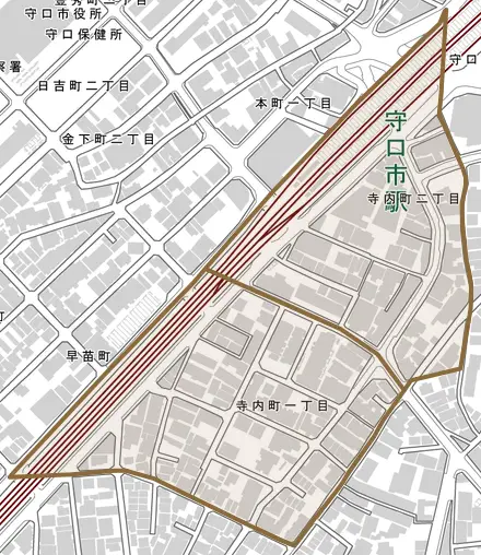 寺内町とその周辺の地図。町の範囲を重ねている