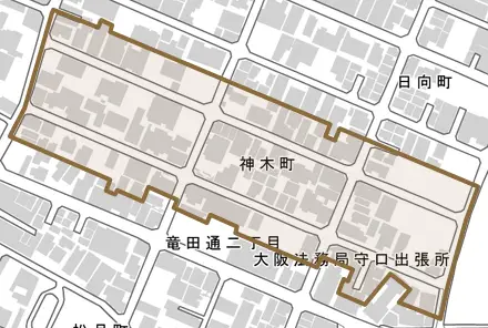 神木町とその周辺の地図。町の範囲を重ねている