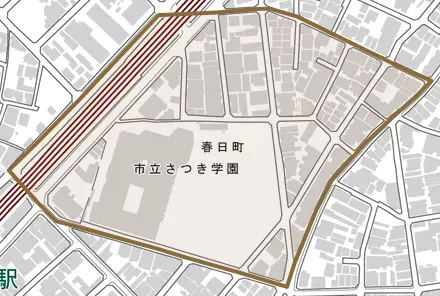 春日町とその周辺の地図。町の範囲を重ねている