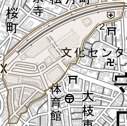河原町とその周辺の地図。町の範囲を重ねている