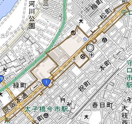 京阪本通とその周辺の地図。町の範囲を重ねている