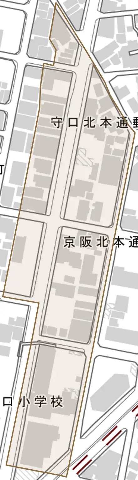 京阪北本通とその周辺の地図。町の範囲を重ねている