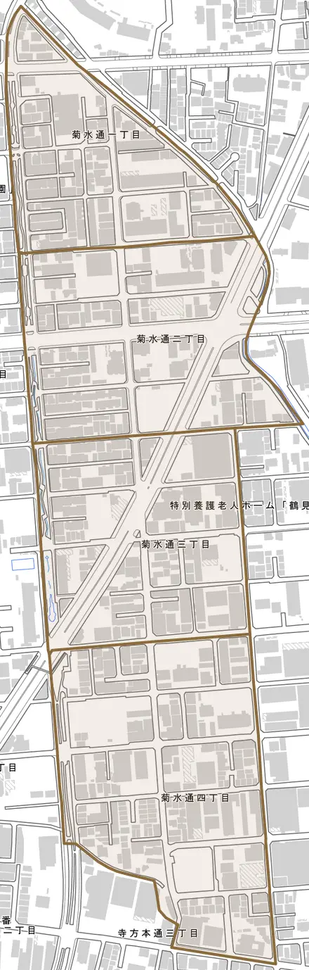 菊水通とその周辺の地図。町の範囲を重ねている