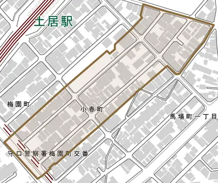 小春町とその周辺の地図。町の範囲を重ねている