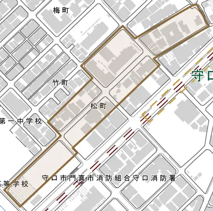 松町とその周辺の地図。町の範囲を重ねている