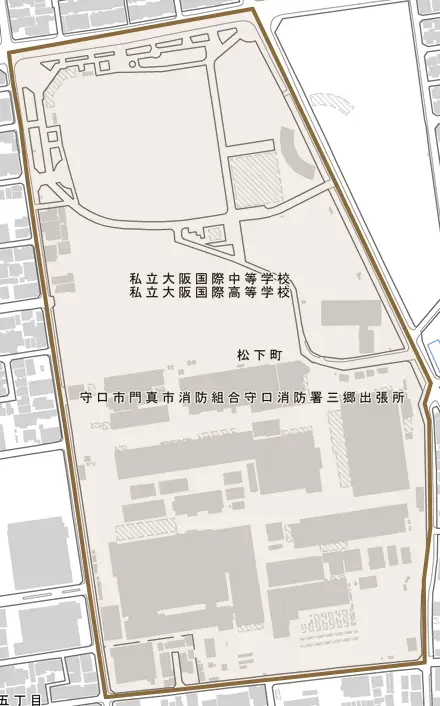 松下町とその周辺の地図。町の範囲を重ねている