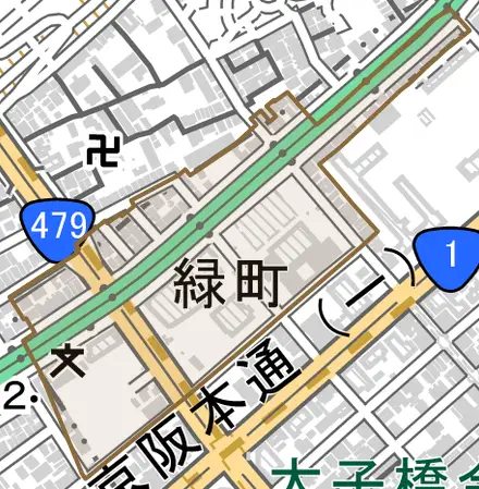 緑町とその周辺の地図。町の範囲を重ねている