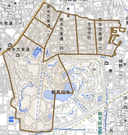 南寺方東通とその周辺の地図。町の範囲を重ねている