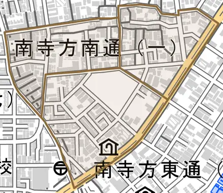 南寺方南通とその周辺の地図。町の範囲を重ねている