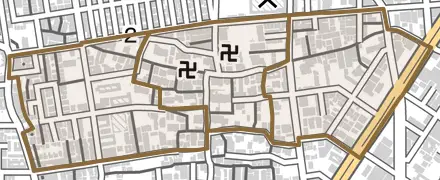 南寺方中通とその周辺の地図。町の範囲を重ねている
