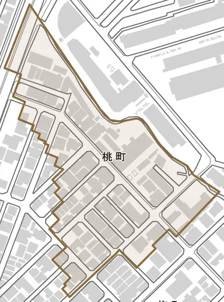 桃町とその周辺の地図。町の範囲を重ねている