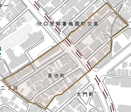 長池町とその周辺の地図。町の範囲を重ねている