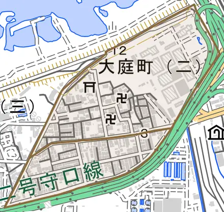 大庭町とその周辺の地図。町の範囲を重ねている