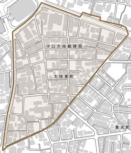 大枝東町とその周辺の地図。町の範囲を重ねている